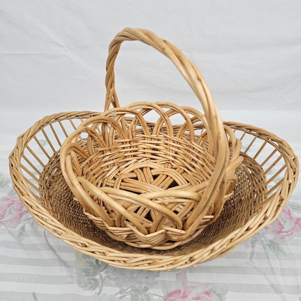 Wicker‎ Woven Basket Natural Tone Decorative Handle Set
